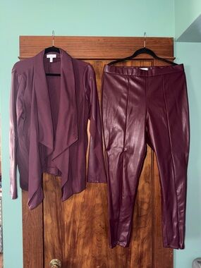 Women's Burgundy Faux Leather Pants & Draped Cardigan Set Sofia Vergara 16/XL